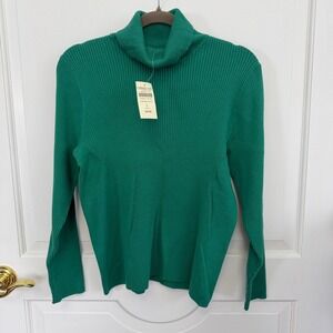 Coldwater Creek Womens Mixed Rib Turtleneck Sweater Green L Cotton Blend NWT